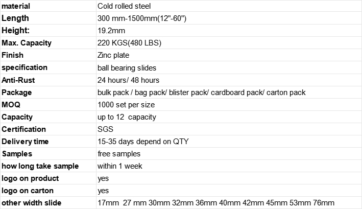 Model 13076 220KG Ball Bearing Drawer Slides technical chart, SGS Anti-rust wholesale cabinet hardware